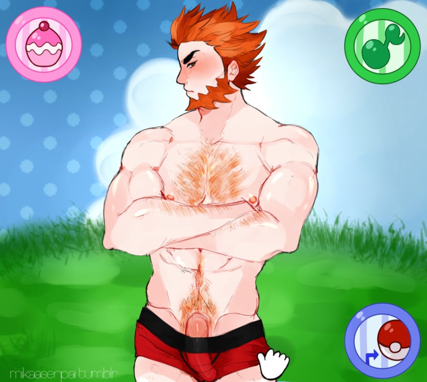 balls beard blush bulge chest_hair crossed_arms disembodied_hand facial_hair flaccid lysandre_(pokemon) male male_only mikaasenpai nintendo orange_hair penis pokemon removing_underwear solo solo_male underwear underwear_only