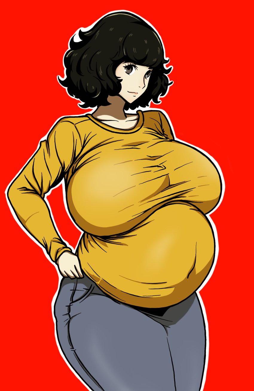 1girls atlus belly belly_button big_belly big_breasts breasts brown_eyes brown_hair clothed clothing female female_only fluffy_hair fungus-man hand_on_hip large_breasts light-skinned_female light_skin long_sleeves medium_hair older_female persona persona_5 pregnant ready_to_pop red_background sadayo_kawakami self_upload shirt solo solo_female tagme tight_clothing