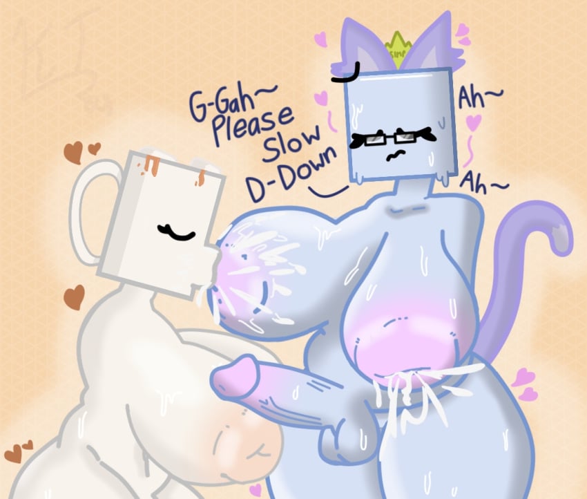 1futa 1girls animate_inanimate armless big_breasts big_penis blue_body box_head breast_milk breast_sucking breasts cat_ears cat_tail cherriccat crown cube_head detailed_shading erect_penis eyelashes feline furry glasses hard_penis hearts icey_(cherriccat) lactating lactation lowres milk object_show object_shows oc original_character original_characters penis pink_nipples pink_tip purple_ears purple_tail self_upload shaded simple_background sucking_nipples sweat sweatdrop sweating text thick thick_legs thick_thighs wearing_glasses white_body yellow_crown