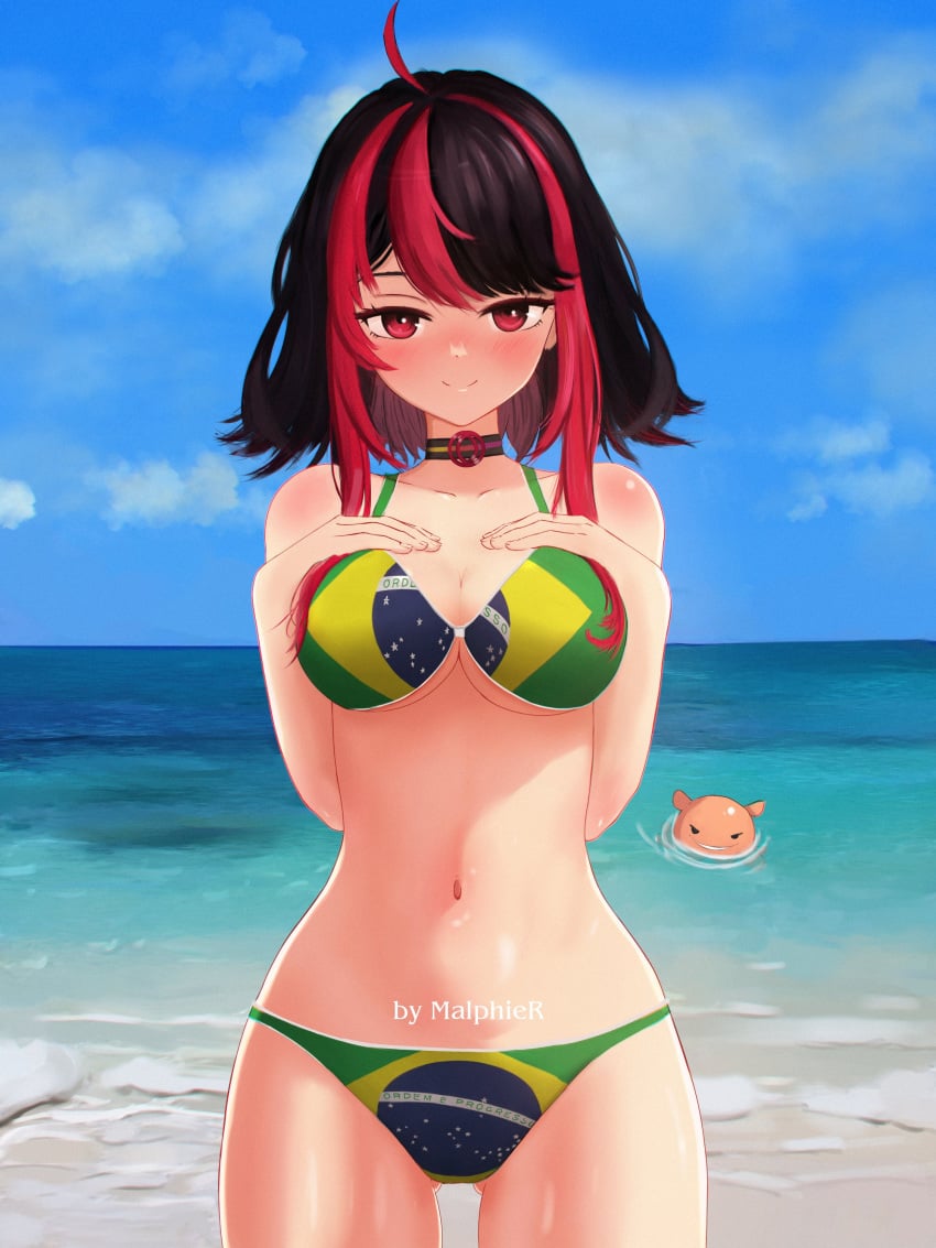 ahoge beach belly_button bikini black_hair blush brazil breasts choker gx_aura hands_on_breasts looking_at_viewer malphier opera_gx red_eyes smile tagme virtual_youtuber