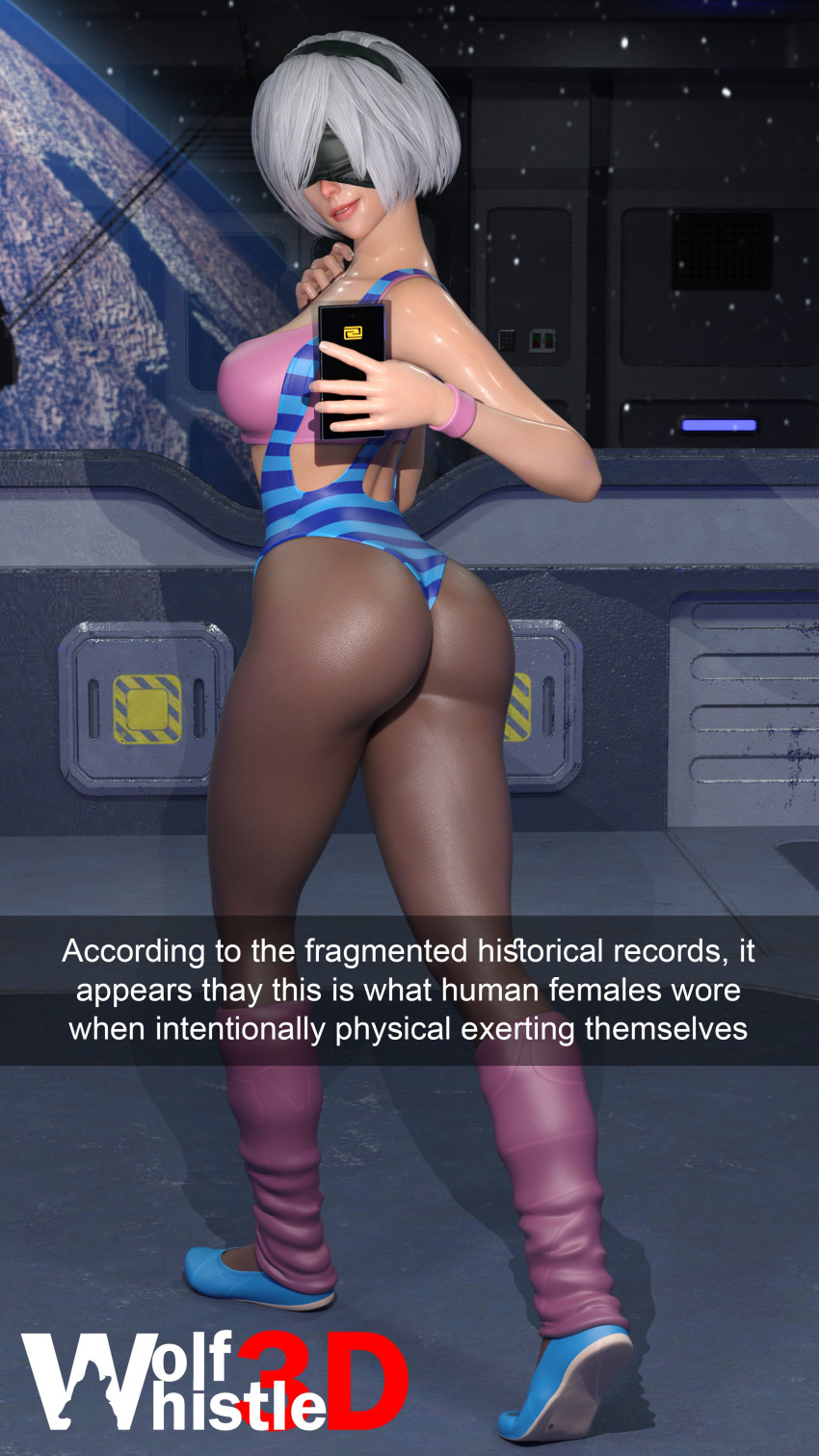 1girls 3d 3d_(artwork) aerobics aerobics_clothing ass ass_focus athleisure blindfold dancer_outfit dat_ass earth female female_only gym_clothes human human_only light-skinned_female light_skin nier:_automata nier_(series) pinup selfie snapchat solo solo_female space_station white_hair wolfwhistle3d yorha_2b