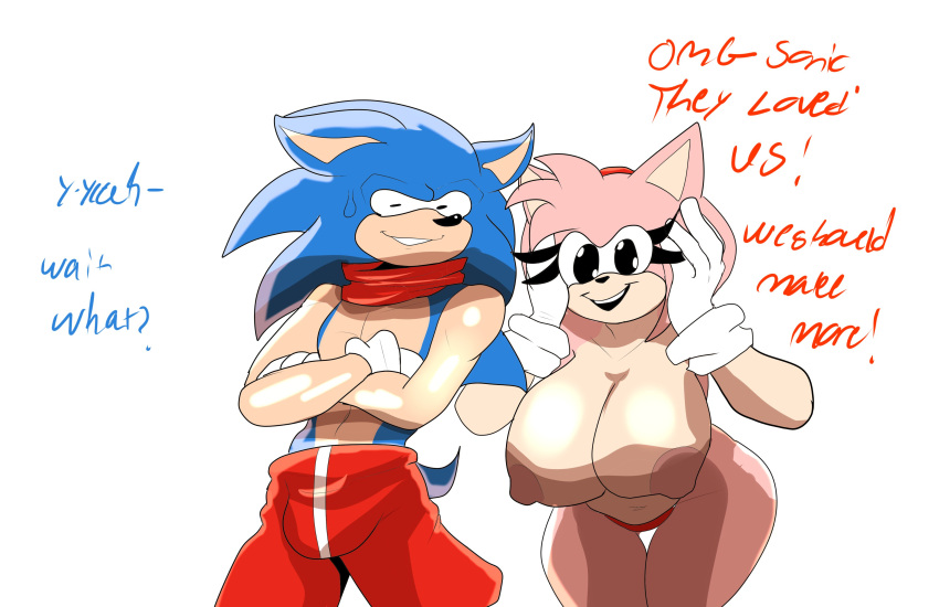 1boy1girl amy_rose breasts breasts_out bulge bulge_through_clothing clothed_male_nude_female large_areolae large_breasts nude_female sega sonic_(series) sonic_the_hedgehog sonic_the_hedgehog_(series) susknuckles