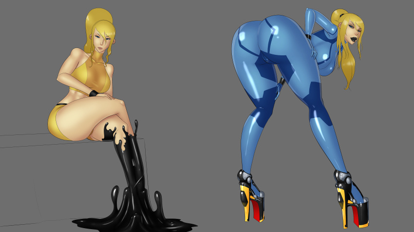 black_lips bodysuit brainwashing female female_only fully_clothed goo_transformation high_heels huge_ass huge_breasts lexikimble metroid midriff navel platform_footwear platform_heels samus_aran shiny_clothes skottichan takeover tight_clothing transformation