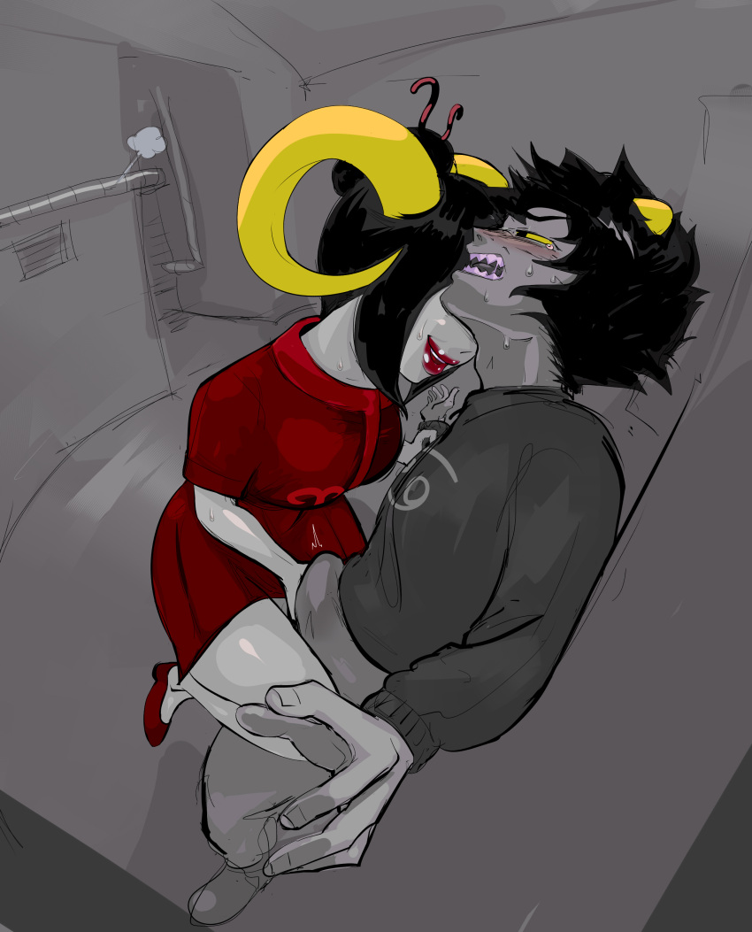 against_wall black_hair blush damara_megido dress homestuck horns karkat_vantas leg_up lysanthum red_dress red_lipstick rubbing_penis tagme touching_penis