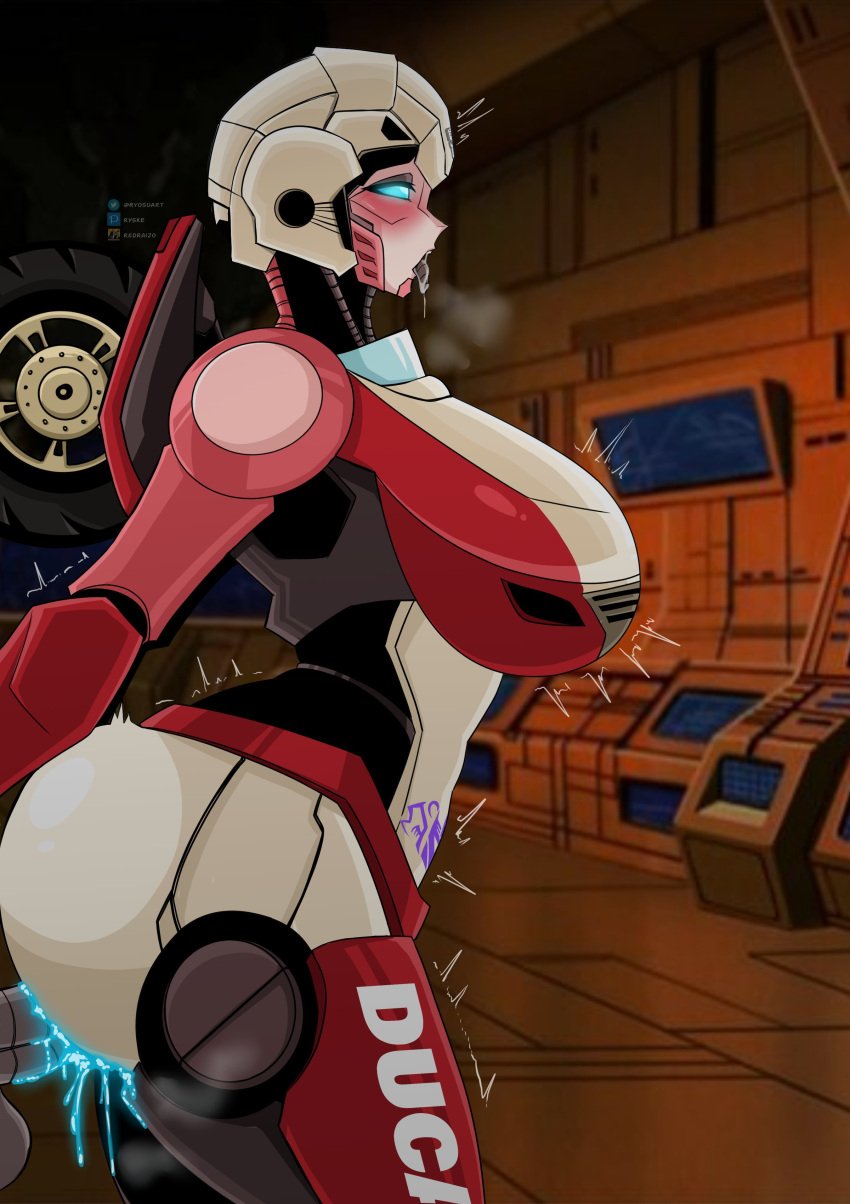 1girls alien alien_girl arcee arcee_(rotb) big_ass big_breasts crotch_tattoo cum_inside ducati_motor_(company) female female_focus female_only robot robot_girl ryosuart ryske side_view thick_thighs tongue_out transformers transformers_rise_of_the_beasts