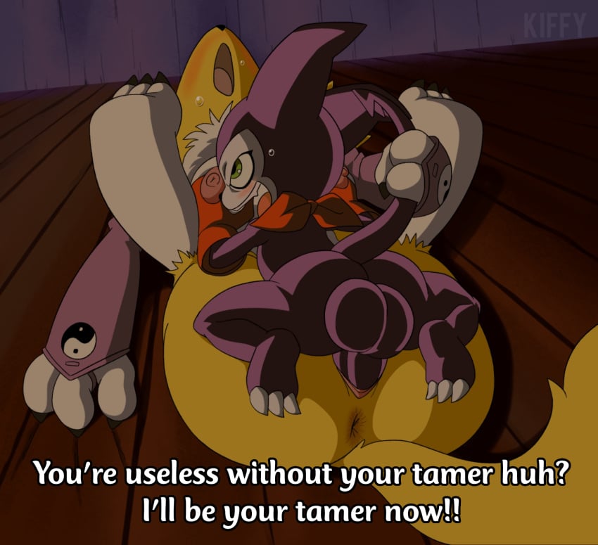 anthro anus areola armwear ass balls bandai_namco big_balls blush breast_grab breasts bridal_gauntlets clothing digimon digimon_(species) duo female female_fox female_penetrated fox from_front_position genitals gloves green_eyes hand_on_breast handwear hi_res imp impmon kerchief kiffy_(artist) lying male male/female male_penetrating male_penetrating_female mating_press multicolored_body nipples nude on_back open_mouth penetration penis pink_areola pink_nipples purple_body pussy renamon sex tail tail_grab two_tone_body vaginal_penetration vixen yin_yang