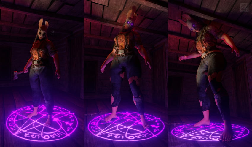 1girls 3d axe belt blender cabin dbd dead_by_daylight female glowing_eyes growth growth_sequence huntress_(dead_by_daylight) jeans magic orange_shirt sandreiio solo_female suspenders torn_clothes