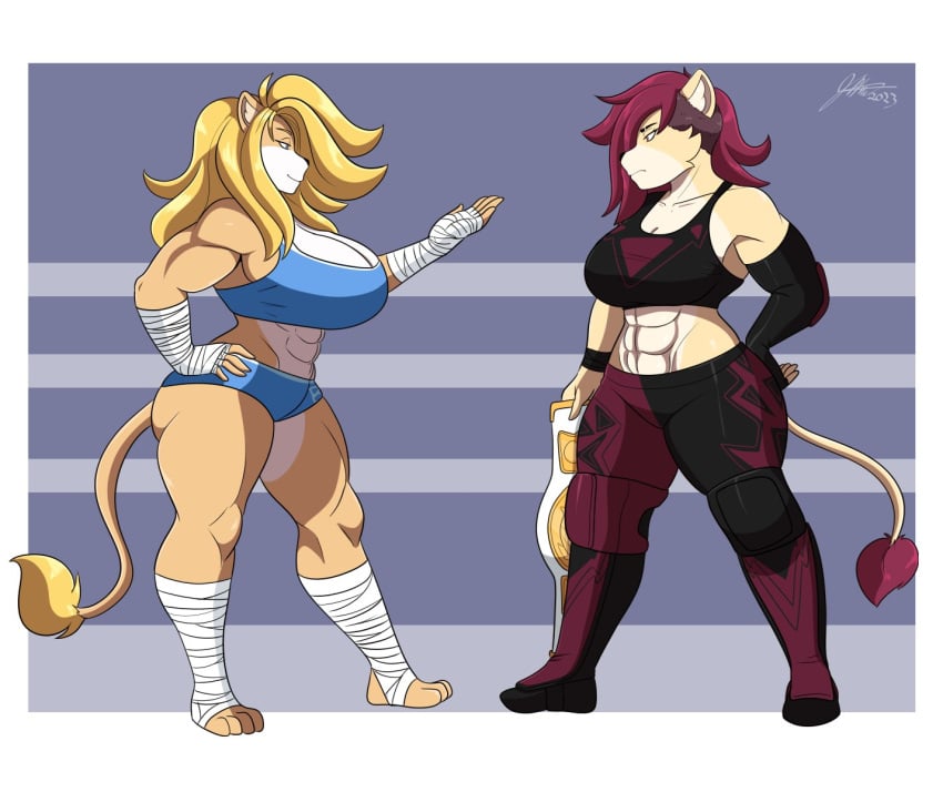 2girls 6_pack abs artjwink biceps big_breasts blonde_hair blue_eyes breasts championship_belt female fighting_ring furry furry_female jwinkz kaylee_(jwinkz) lion_tail lioness long_hair muscular_anthro muscular_female orange_eyes red_hair short_hair thick_thighs thighs wide_hips