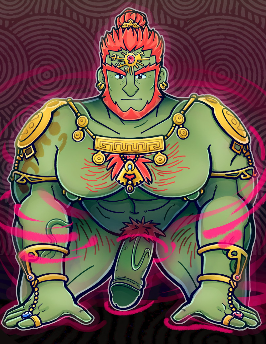 balls bara beard boner chest_hair cloudtune erection facial_hair ganondorf ganondorf_(tears_of_the_kingdom) gerudo gold_jewelry green_skin male male_only muscles muscular nintendo nude on_hands_and_knees penis red_hair solo solo_male tears_of_the_kingdom the_legend_of_zelda