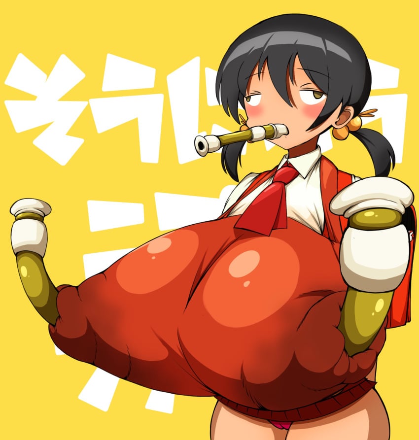 1girls aged_up black_hair breasts cameltoe covered_nipples dumb_face female flute gigantic_breasts hair_bobbles instrument kaai_yuki kyoufuu_all_back_(vocaloid) mob_face musical_instrument nipple_fucking nipple_penetration panties recorder_(musical_instrument) twintails vocaloid what yellow_background yellow_eyes