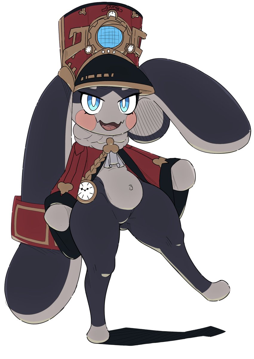 absurd_res anthro belly black_body blue_eyes blush clothed clothing conductor furry hat headgear headwear hi_res honkai:_star_rail honkai_(series) kurosu169 lagomorph leporid long_ears male mammal mihoyo multicolored_body pom-pom_(honkai:_star_rail) rabbit sketch solo two_tone_body white_body