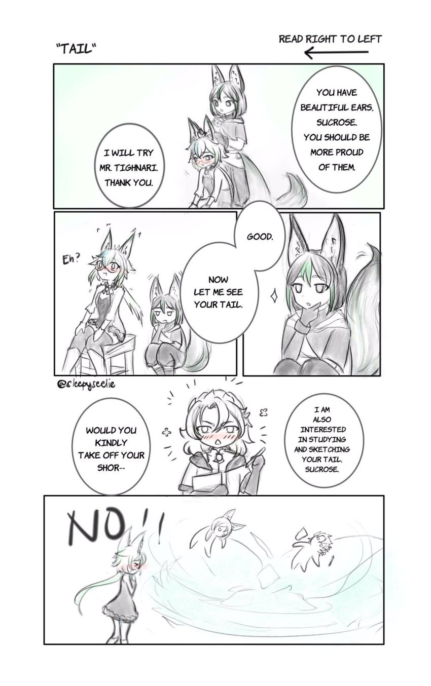 1girls 2boys albedo_(genshin_impact) animal_ears artist_request blush comic curious dialogue embarrassed english_text female fox_ears fox_tail genshin_impact glasses interested male observing praise refusal request shy sucrose_(genshin_impact) tail text tighnari_(genshin_impact)