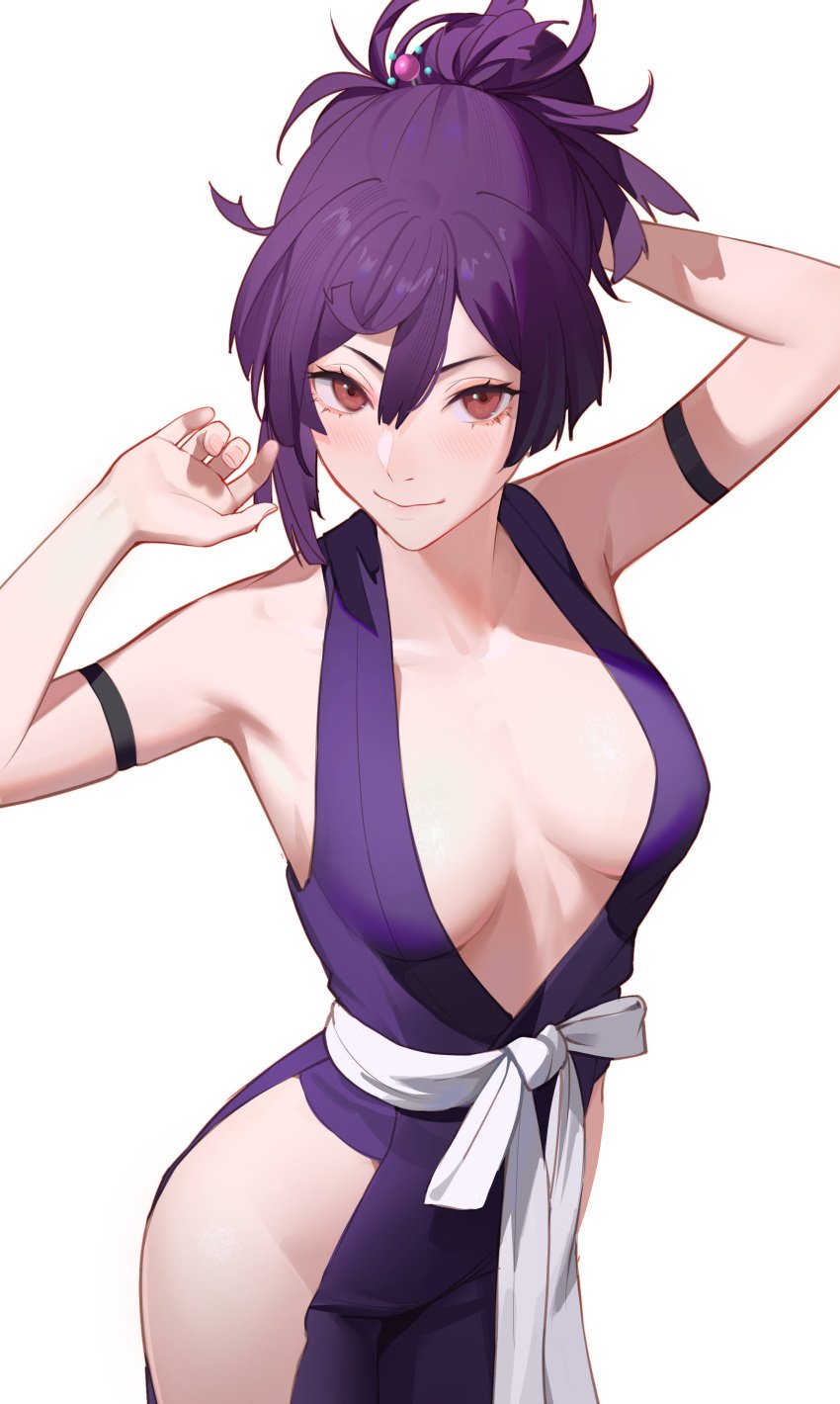 1girls armband armpits arms_up bare_arms blush breasts breasts_apart brown_eyes clothing_cutout drid female hip_vent japanese_clothes jigokuraku kunoichi light-skinned_female looking_at_viewer medium_breasts ninja no_bra obi ponytail purple_hair revealing_clothes robe smile solo yuzuriha_(jigokuraku)