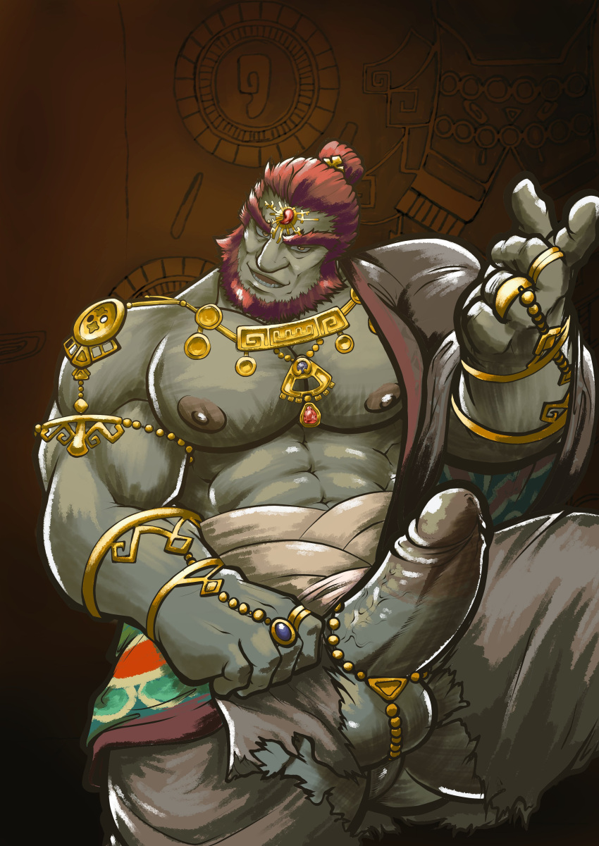 1boy balls bara beard big_penis boner erection facial_hair ganondorf ganondorf_(tears_of_the_kingdom) gerudo gold_jewelry green_skin inviting koibitohw male male_only muscles muscular nintendo penis red_hair solo solo_male tears_of_the_kingdom the_legend_of_zelda