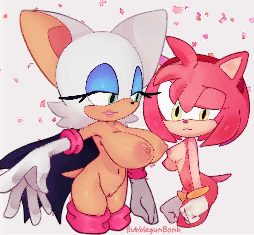 amy_rose anthro bat bent_over big_breasts blush bodily_fluids breast_grab breasts bubblegumbomb duo eulipotyphlan female female/female genitals hand_on_breast hedgehog hi_res mammal nervous_smile nervous_sweat pussy rouge_the_bat sega sonic_(series) sweat yuri