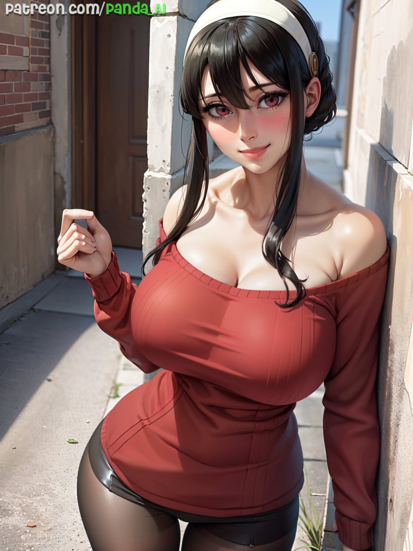 1girls ai_generated assassin breasts female hips huge_breasts light-skinned_female light_skin milf outdoors panda-ai panda_ai realistic red_eyes smile spy_x_family stable_diffusion sweater thick_thighs thighs thorn_princess wide_hips yor_briar yor_forger