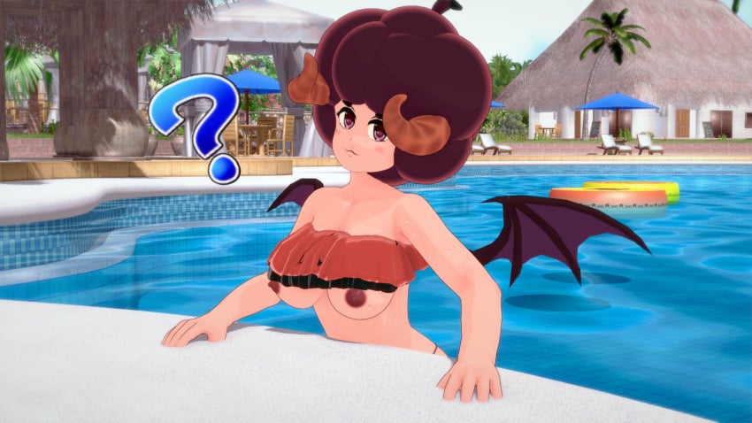 1girls ? accidental_exposure bikini bikini_top_removed demily indie_virtual_youtuber koikatsu looking_at_viewer pool strapless_bikini succubus swimsuit unaware virtual_youtuber