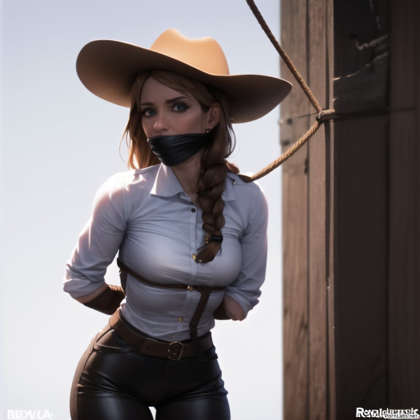 ai_generated angry blonde_hair bondage bound braid cowgirl dominated female femsub gagged hat kidnapped leather_pants looking_at_viewer over_the_mouth_gag red_dead_redemption_(series) red_dead_redemption_2 restrained rope rope_bondage sadie_adler standing tied_up wild_west