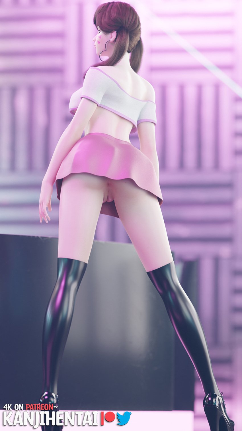 1girls 3d 3d_(artwork) 3dx anus brown_eyes brown_hair cameltoe d.va discko_d.va female female_only hoop_earrings hoop_earrings_hearts hoop_earrings_oversized kanjihentai latex latex_stockings latex_thighhighs long_legs looking_back miniskirt overwatch pink_skirt pussy skirt solo twintails upskirt