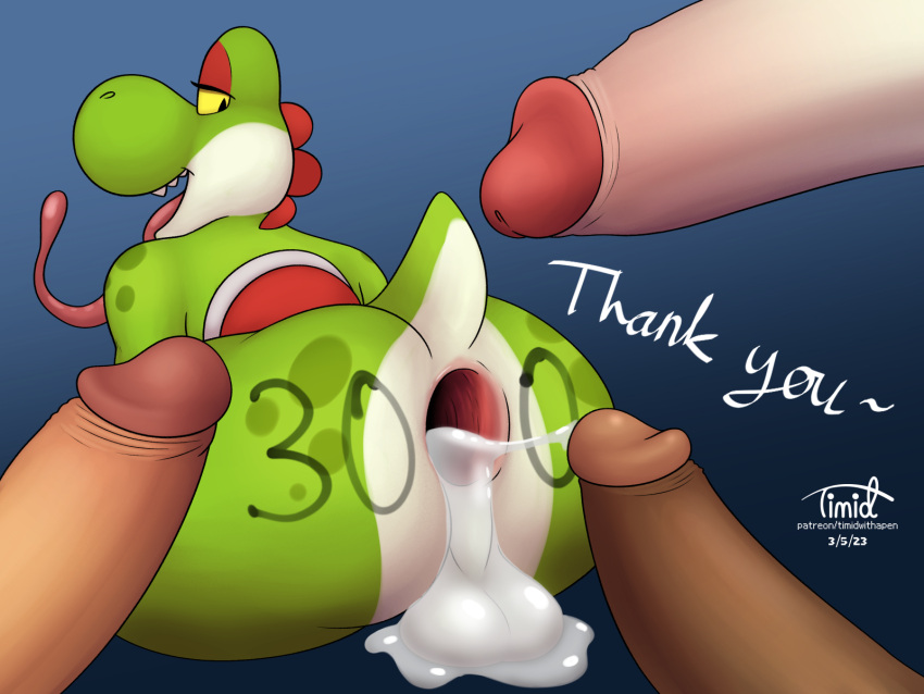 anthro anus ass balls bodily_fluids cum cum_in_ass cum_inside cum_on_balls cum_on_penis digital_media_(artwork) erection fan_character gaping gaping_anus genital_fluids genitals green_yoshi hi_res leaking_cum male mario_(series) naus nintendo nude open_mouth penis sex simple_background smile solo teeth timidwithapen tongue yoshi