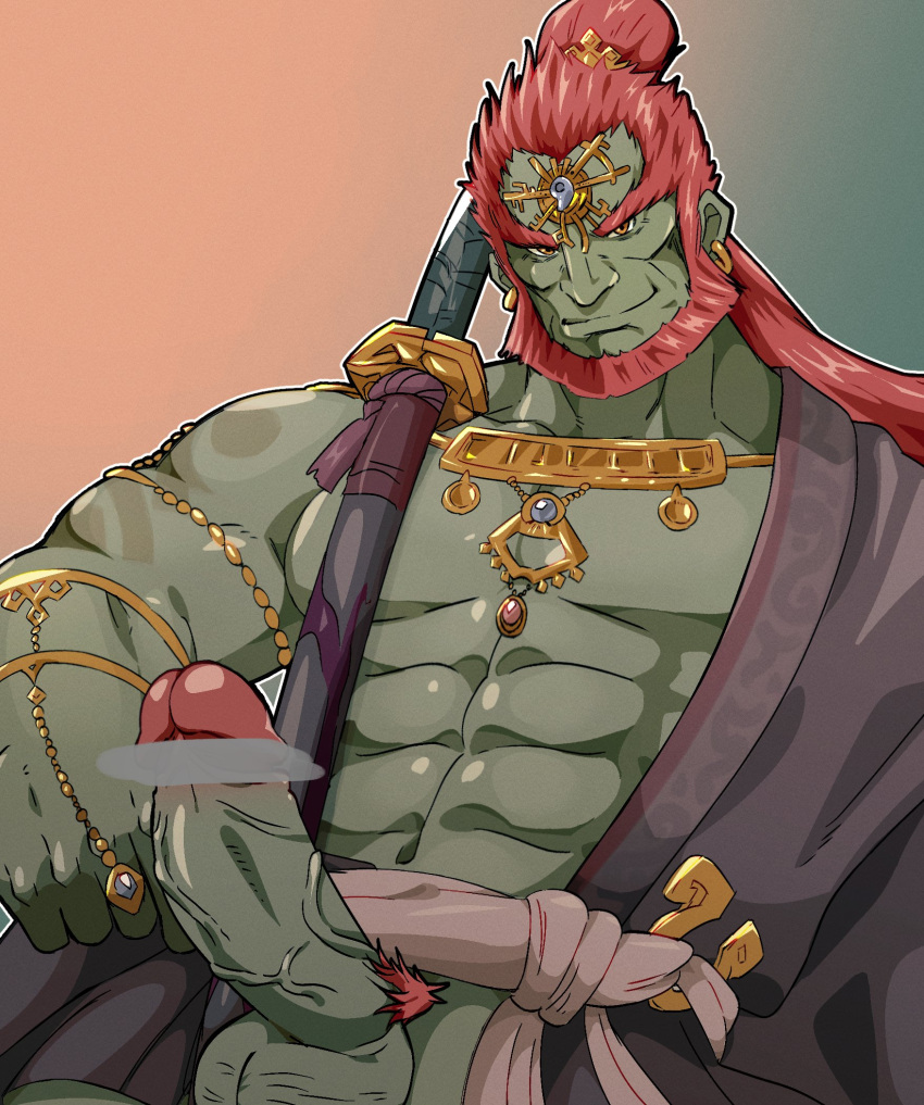 balls bara beard boner censored_penis erection facial_hair ganondorf ganondorf_(tears_of_the_kingdom) gerudo gold_jewelry green_skin male male_only muscles muscular nintendo partially_clothed penis red_hair solo solo_male sword tears_of_the_kingdom the_legend_of_zelda yasuyuki_eve