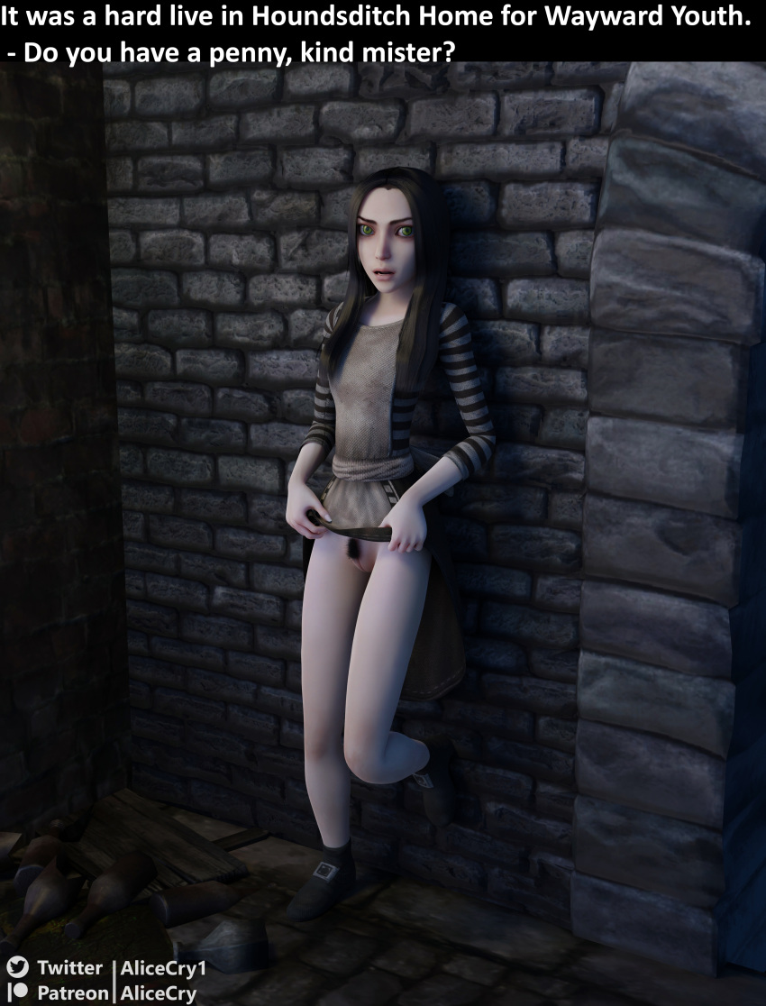 3d alice_(madness_returns) alice_in_wonderland alice_liddell alice_madness_returns alicecry american_mcgee's_alice asking black_pubes bottles cobblestone desperate dirty eye_bags female_pubic_hair flashing flashing_pussy landing_strip lifting_dress pale-skinned_female pale_skin prostitution pubic_hair skinny skirt_lift tagme unkempt