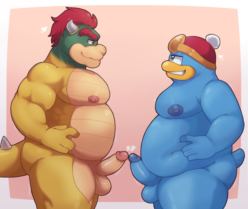 2boys anthro balls belly bowser crossover crown duo erection gay genitals grin headgear hi_res king king_dedede kirby_(series) male male/male male_only mario_(series) nintendo nipples nude overweight penises_touching royalty small_penis smile st637