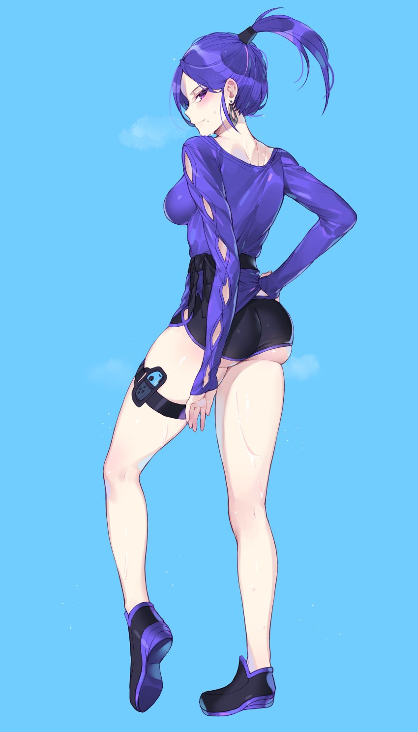 1girls allegra_(ring_fit_adventure) ass back_view beauty_mark big_ass blue_hair breasts earrings electronics game_controller hand_on_hip hi_res human ia_(ias1010) joy-con leg_strap legs legwear nintendo nintendo_switch png ponytail purple_eyes ring_fit_adventure shoes shorts solo sportswear sweat sweaty thighs