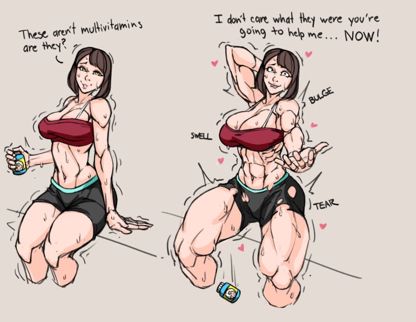 abs animalautumn before_and_after horny horny_female muscle_growth pills ripped_clothing shaking