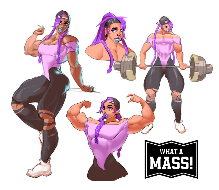 clothed muscles muscular_female original_character purple_hair weightlifting what_a_mass! workout_clothes