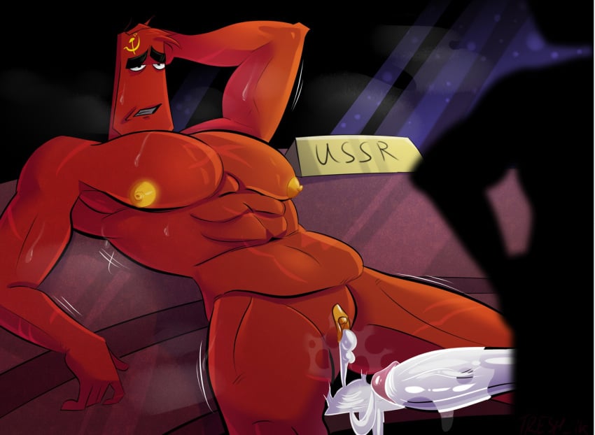 1boy abs clitoris countryhumans cum cum_in_pussy cum_inside cum_on_penis cuntboy intersex muscular muscular_cuntboy pussy red_body soviet_union_(countryhumans) treshik