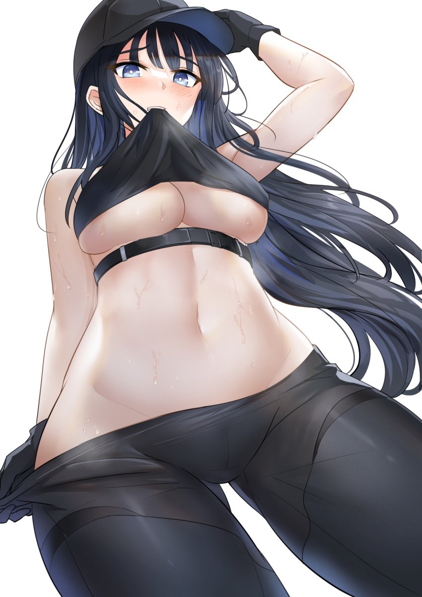 1girls belly belly_button big_breasts blue_archive blue_eyes blue_hair blush breasts clothed clothing female female_only gloves hat hi_res innie_belly_button innie_navel looking_at_viewer midriff navel saori_(blue_archive) shirt_in_mouth shirt_up thighs underboob yougen_kitsune