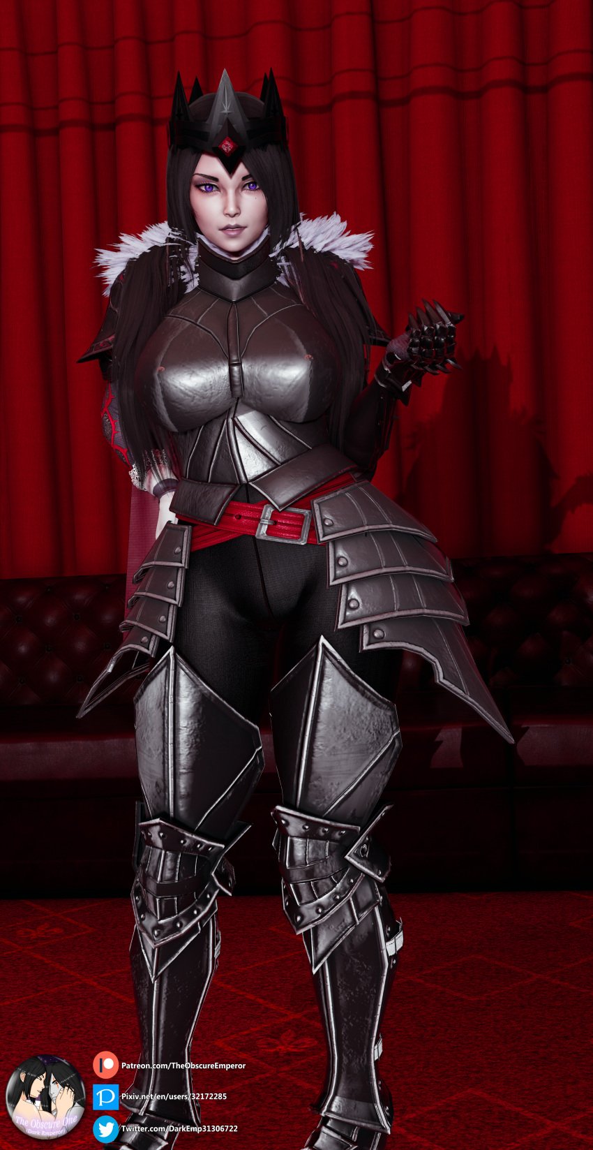 1girls 3d armor arthurian_legends beauty_mark black_hair boots breasts cape crown gloves honey_select honey_select_2 human large_breasts long_hair mature_female morgan_le_fay_(smite) pale_skin pinup purple_eyes smite solo standing theobscureone thick_thighs wide_hips witch