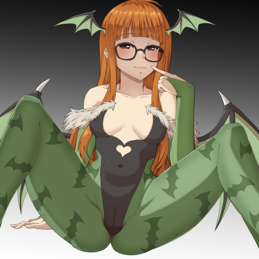 alternate_costume breasts clothing cosplay crossover darkstalkers erect_nipples erect_nipples_under_clothes female female_only glasses looking_at_viewer morrigan_aensland_(cosplay) orange_hair persona persona_5 sakura_futaba small_breasts solo spread_legs tagme zerocgm