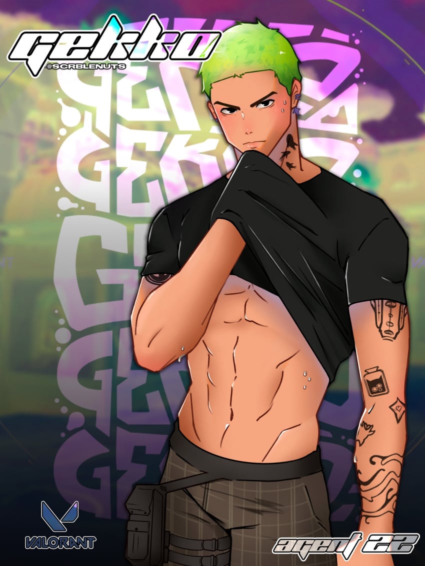 abs agent22 arm_tattoo arm_tattoos buzzcut gekko_(valorant) green_hair initiator latino latino_male latinos male_only mateo_armendáriz_de_la_fuente muscles muscular muscular_male navel neck_tattoo oiled_body oiled_skin scrblenuts sweat sweatdrop sweating tan_body tan_skin teen_boy teenager valorant valorant_gay valorant_men