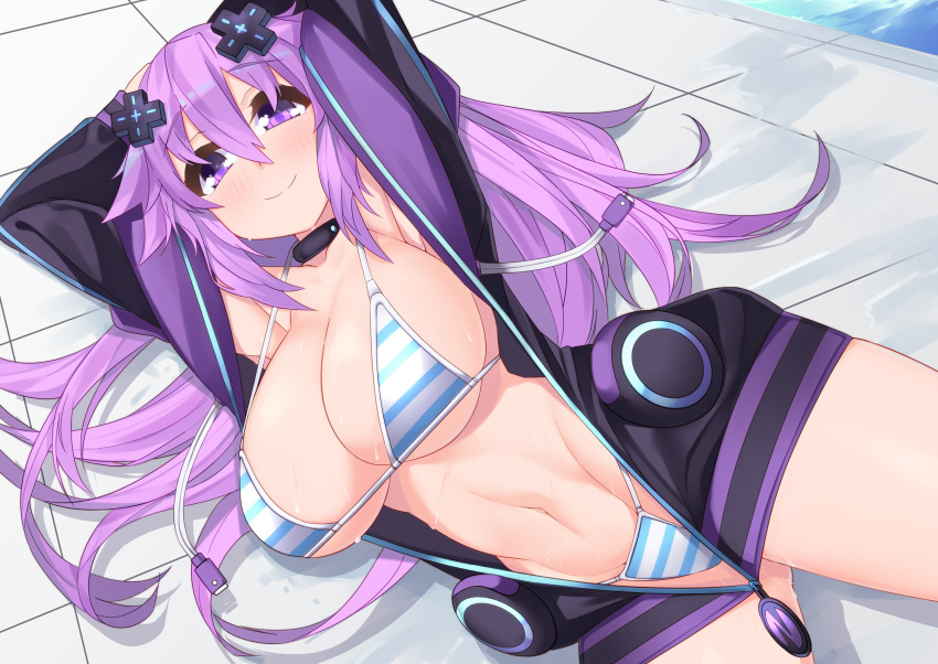 1girls adult_neptune armpits arms_behind_head big_breasts bikini busty cleavage dura large_breasts legs long_hair lying navel neptunia_(series) open_clothes open_jacket pool pose posing purple_eyes purple_hair sensual smile sweat thighs thong_bikini water