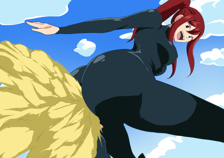 1boy 1girls ass_in_face big_ass erza_scarlet fairy_tail fart farting farting_in_face farting_on_another female jiggle_butt_gang looking_back red_hair skintight smile syoyukoto931 tagme