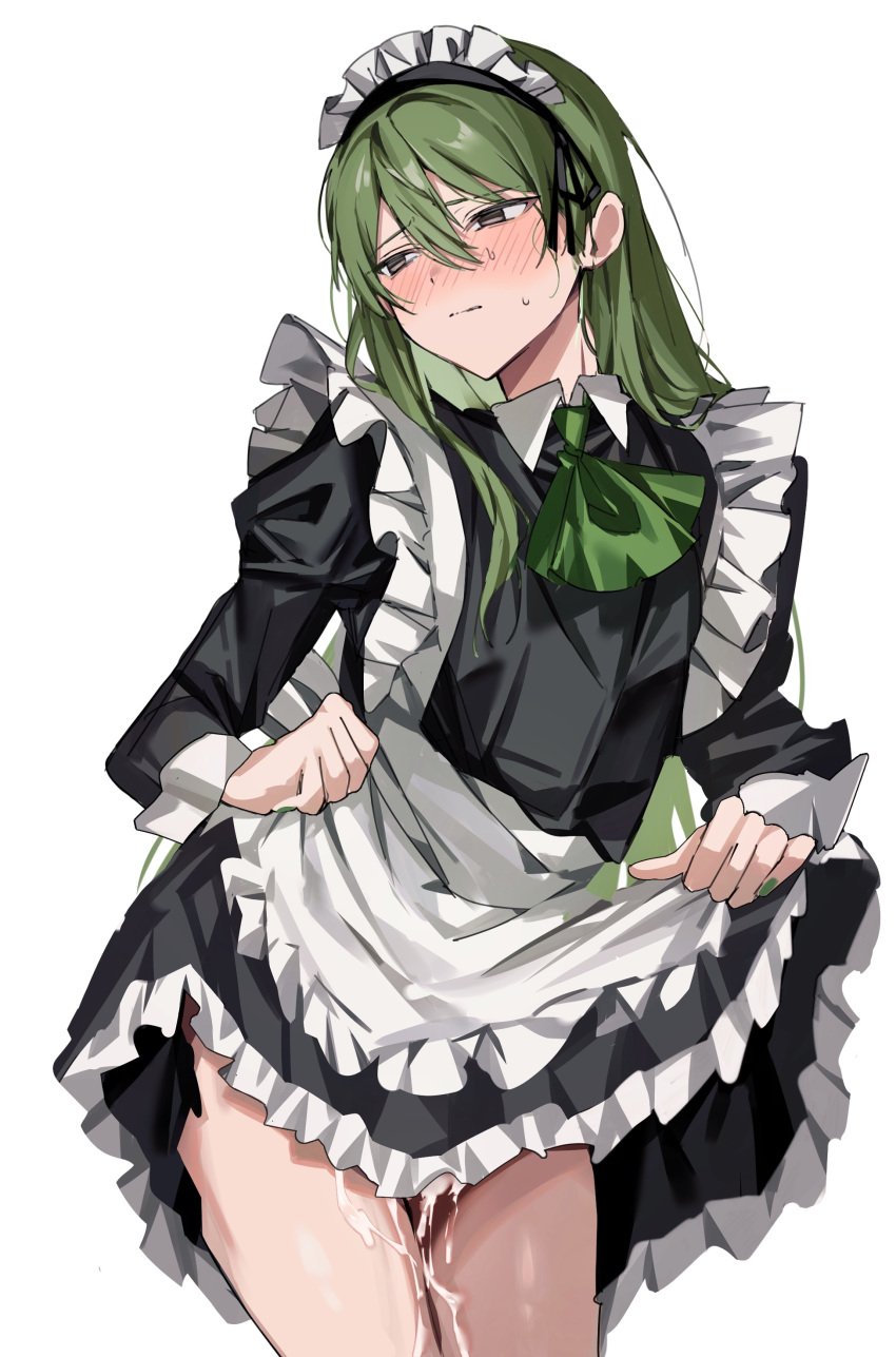 1boy absurdres alternate_costume apron ascot black_dress black_eyes blush closed_mouth clothes_lift crossdressing cum dress dress_lift enmaided frilled_dress frills green_ascot green_hair green_nails hair_between_eyes highres lifted_by_self lobotomy_corporation long_hair long_sleeves maid maid_headdress male_focus male_only mu46016419 nail_polish netzach netzach_(library_of_ruina) netzach_(project_moon) nose_blush otoko_no_ko project_moon simple_background solo white_apron white_background