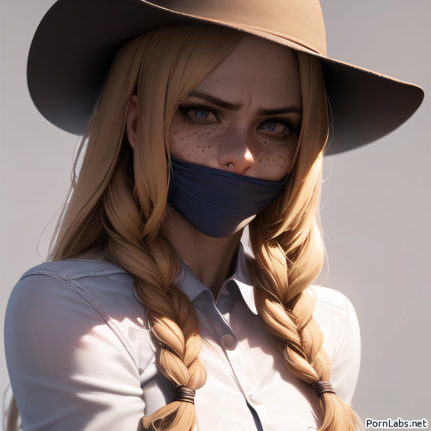 1girls ai_generated blonde_hair bondage bounty_hunter cowgirl female gag gagged girl over_the_mouth_gag red_dead_redemption_(series) red_dead_redemption_2 sadie_adler western wild_west