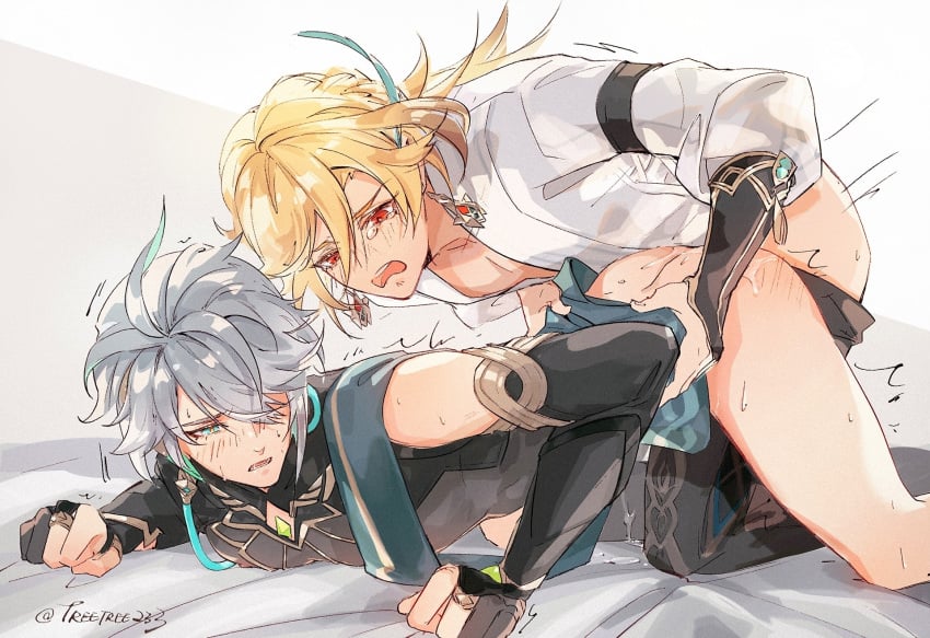 2boys alhaitham_(genshin_impact) anal aqua_eyes aqua_hair bed blonde_hair blue_feathers blush brown_hair clothed_sex crying crying_with_eyes_open earrings feather_hair_ornament feathers genshin_impact grey_hair hair_ornament highres jewelry kaveh_(genshin_impact) long_sleeves looking_at_another looking_back lying male_focus multicolored_hair multiple_boys red_eyes shirt short_hair tears treetree233 twitter_username white_shirt yaoi