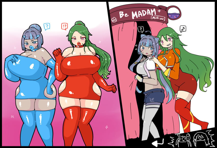 !? 2girls ? ass_expansion bimbofication bodycon breast_expansion english_text female hair_growth huge_ass huge_breasts izumi_(artist) lip_expansion spoken_musical_note thick_lips thick_thighs thigh_expansion transformation wide_hips