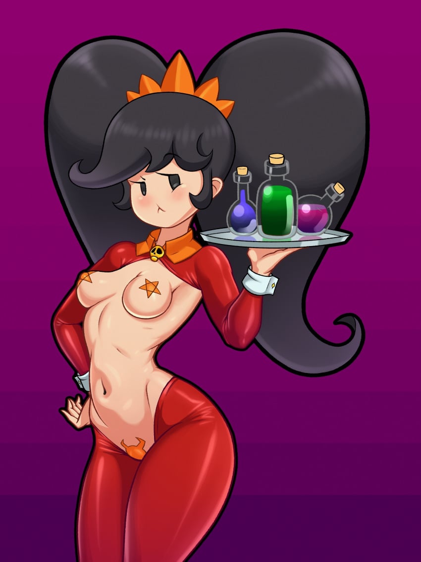 1girls :< aged_up ashley_(warioware) black_hair blush female gradient_background hi_res looking_at_viewer mario_(series) mob_face navel nintendo pasties potion reverse_bunnysuit reverse_outfit sleepiitreat small_breasts tagme twintails warioware