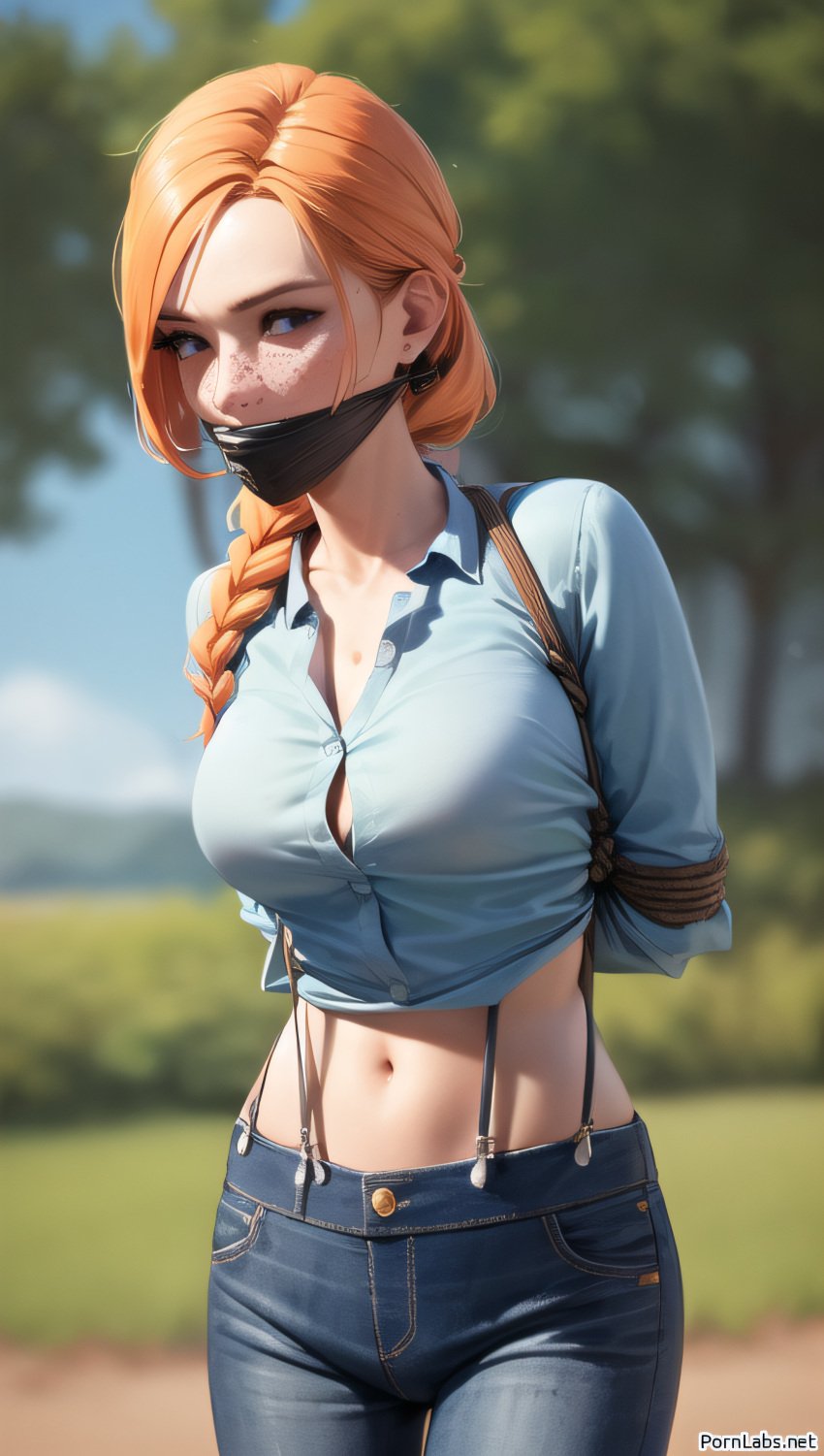 1girls ai_generated bondage bound bound_and_gagged cleavage cloth_gag exposed_midriff farmer female femsub gag gagged ginger girl leah_(stardew_valley) orange_hair ranch_girl redhead restrained stardew_valley suspenders