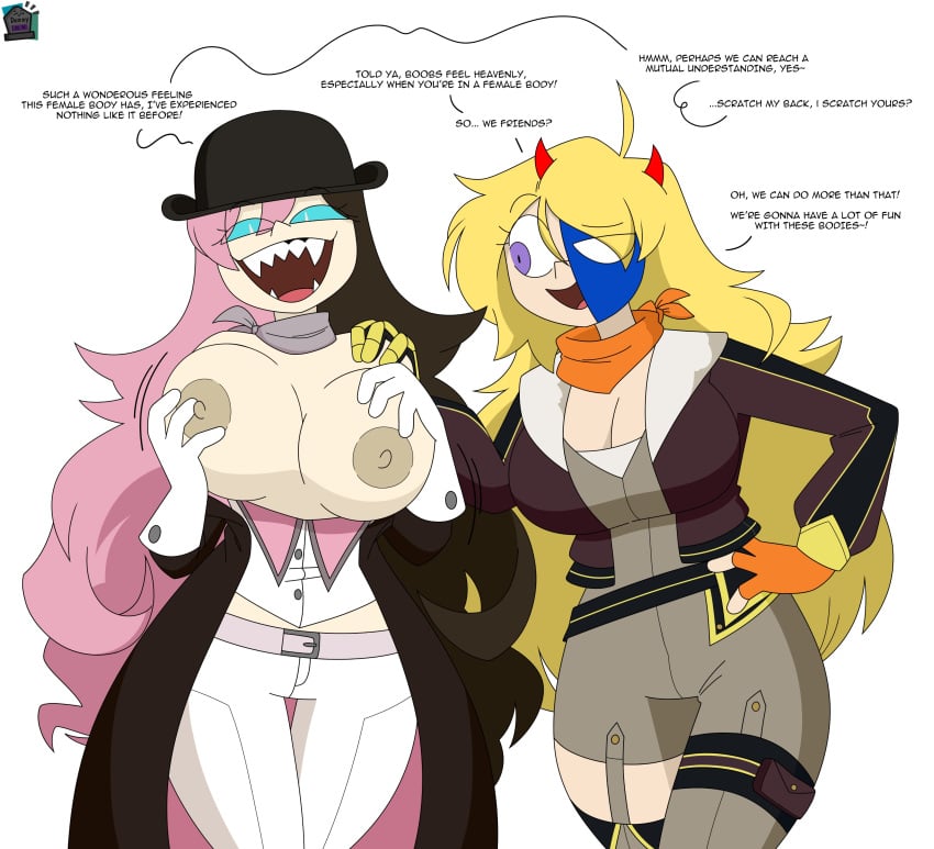 2girls blonde_hair blue_eyes breasts brown_hair curious_cat_(rwby) dezzy_draws female glowing_eyes grabbing_own_breast hat multiple_girls neo_(rwby) pink_hair playing_with_breasts playing_with_own_breasts possessed possession rwby two_tone_hair yang_xiao_long