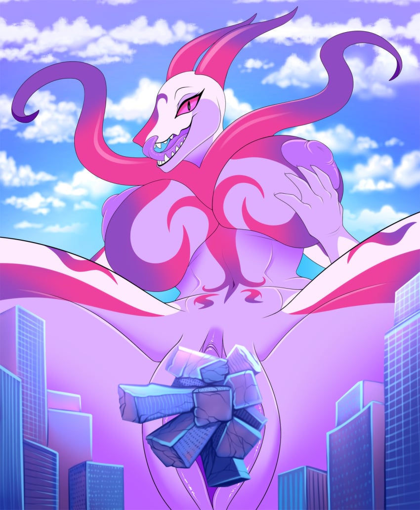 anthro biped breasts building building_insertion city cloud destruction fangs female furrypur generation_5_pokemon genitals giantess hi_res licking licking_lips macro nintendo nipples non-mammal_nipples pokemon pokemon_(species) pussy reptile scalie serperior sky solo teeth tentacle tongue tongue_out