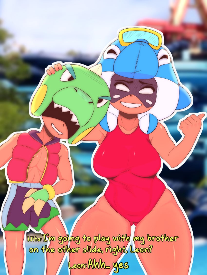 background before_sex brawl_stars dark-skinned_female dark-skinned_male dinosaur_costume english_text jacksito_(artist) leon_(brawl_stars) looking_at_viewer nita_(brawl_stars) speaking_to_viewer swimsuit thick_thighs whale_watch_nita_(brawl_stars)