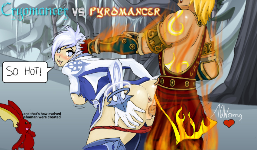 1boy 1girls adventurequest_worlds anus aqwomg artix_entertainment asshole bottomless breasts_out clothed clothed_sex clothes cryomancer dialogue hair_pull hair_pulling humor humorous male/female moglin nipples original_characters pale-skinned_female pale_skin panties_down panties_on_one_leg pyromancer ripped_chest_area ripped_clothing sex sex_in_forest short_hair skintight_bodysuit snow spiky_hair straight straight_sex tanned_male thigh_high_boots twilly vaginal_penetration vaginal_sex