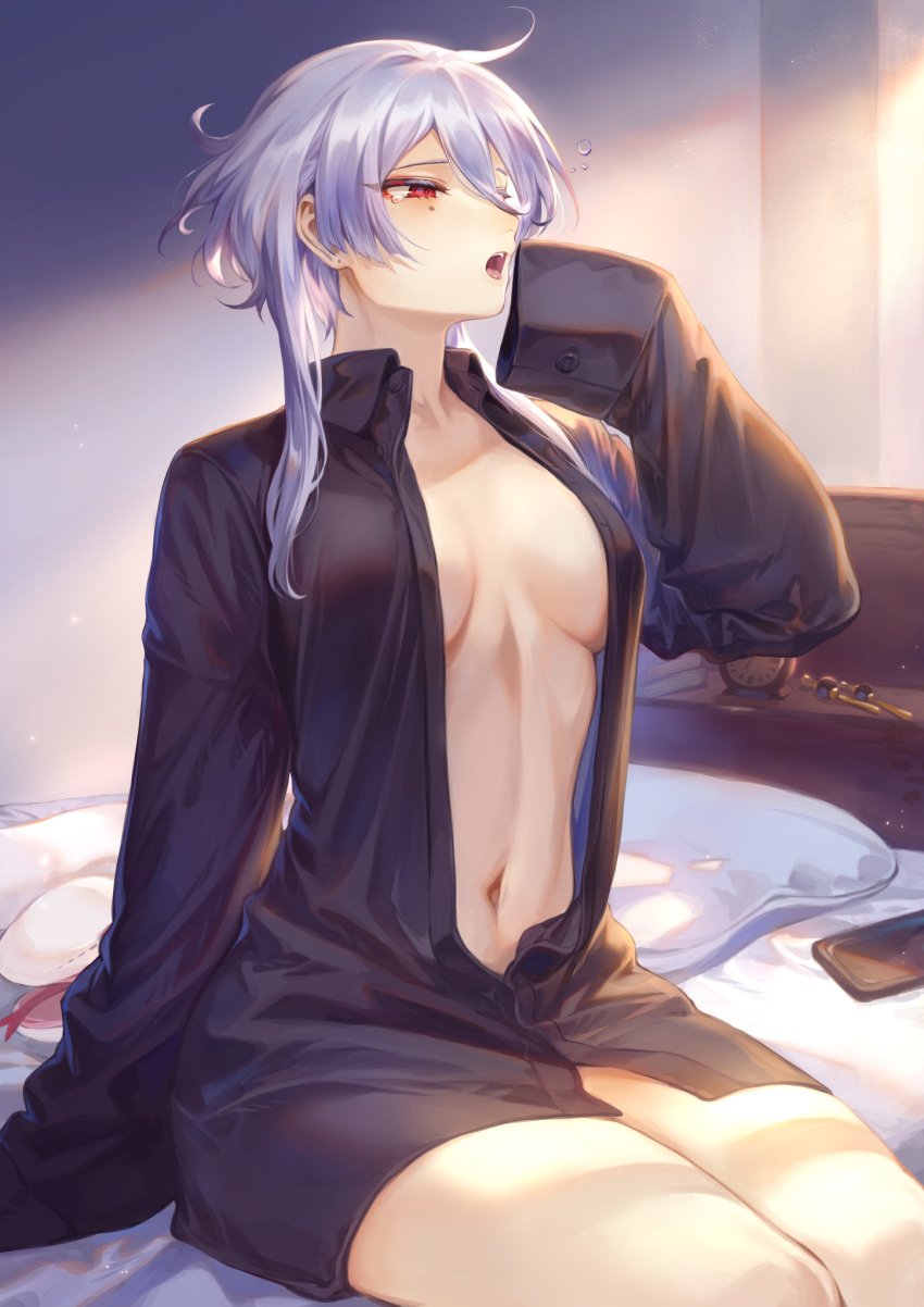 1girls black_shirt blush breasts collared_shirt hair_between_eyes highres large_breasts mashu_003 mole mole_under_eye navel on_bed original partially_unbuttoned pillow red_eyes shirohebi-chan shirt short_hair_with_long_locks sidelocks silver_hair sitting sleeves_past_wrists solo stomach thighs waking_up