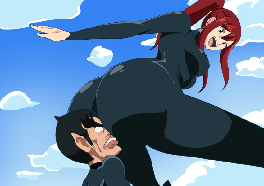 1boy 1girls ass_in_face big_ass erza_scarlet fairy_tail gocche imminent_fart jiggle_butt_gang looking_back red_hair shocked_expression skintight smile syoyukoto931 tagme