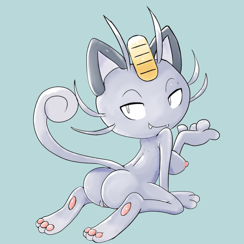 absurd_res af-js alolan_meowth anthro ass blue_background breasts cute_fang feline furry koban_(coin) looking_back meowth nipples paws pokémon_(species) pokemon pussy tail whiskers